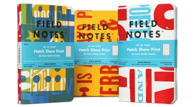 Trio of colorful Field Notes booklets made out of Hatch Showprint posters.