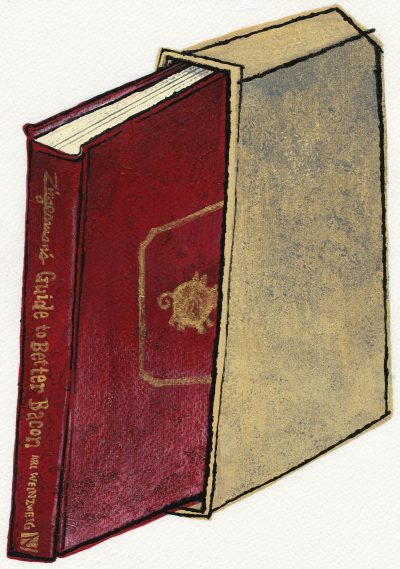 burgundy leather book sliding into tan cloth book case
