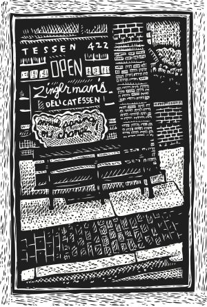 Black bench out front of the Deli
