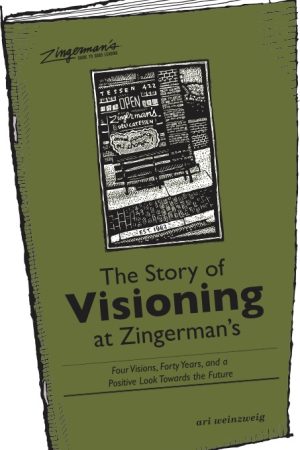 Green pamphlet with scratchboard image of black bench in front of Zingerman's Deli