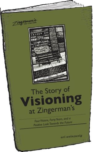 Green pamphlet with scratchboard image of black bench in front of Zingerman's Deli