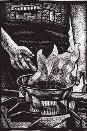 Scratchboard of cooking over flame