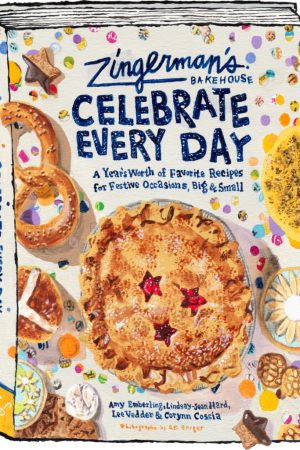 Illustration of festive pies, pretzels, and cookies. The confetti is made from Zingerman's Newsletters.