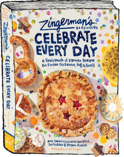 Illustration of festive pies, pretzels, and cookies. The confetti is made from Zingerman's Newsletters.